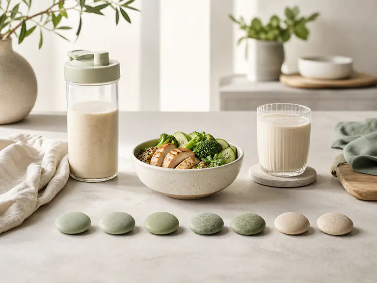 Glas mit Nordic-Sense-Shake, Mahlzeit und 5 Steinen für die einzelnen InShape Wochentage.