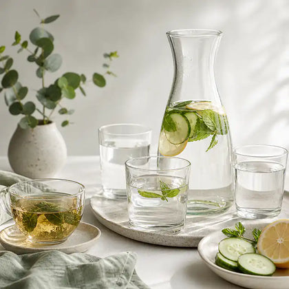Kräutertee und Wasserkaraffe mit Zitronenscheiben.